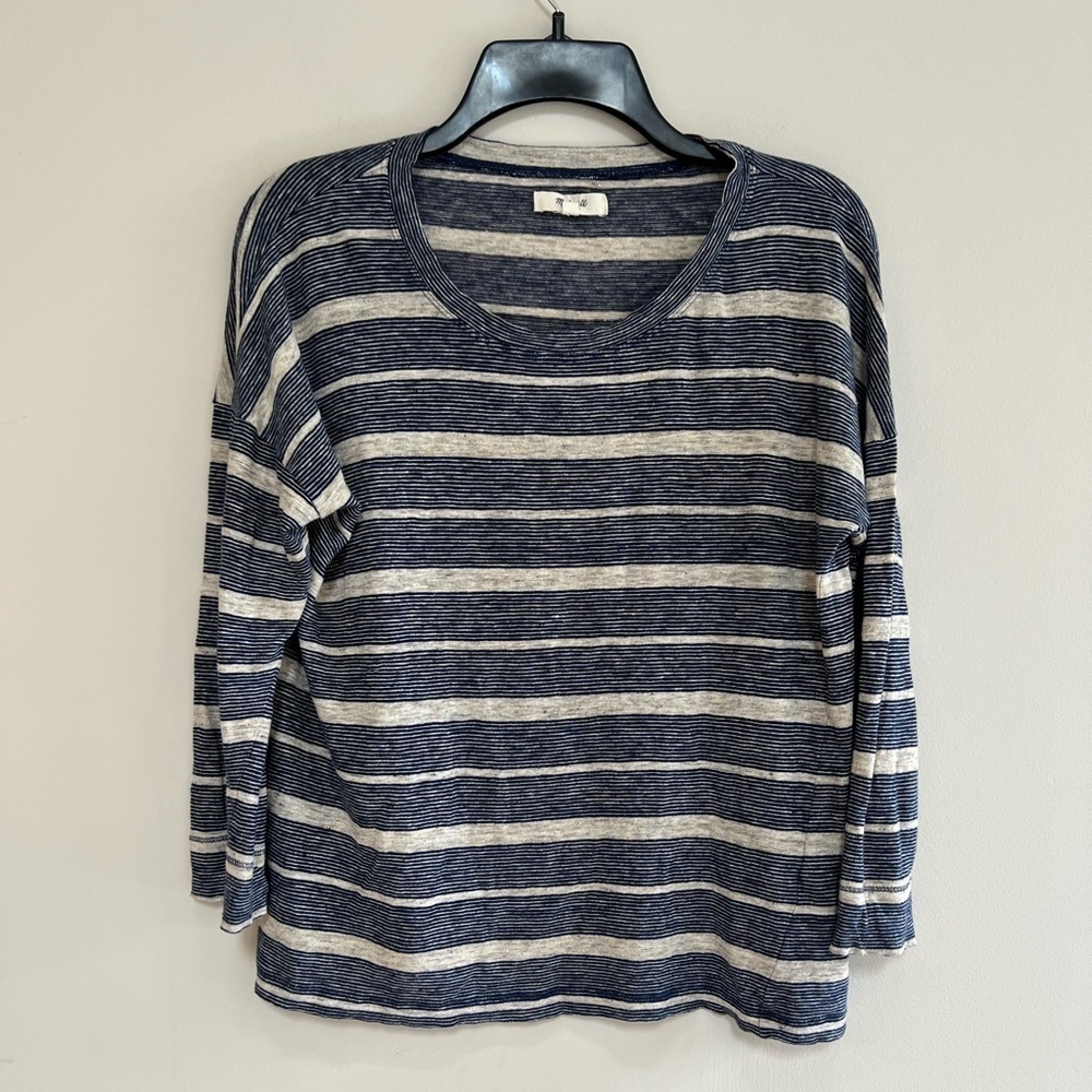 Madewell Navy Striped 100% Linen Pullover Crew Neck 3/4 Sleeved Shirt, Medium